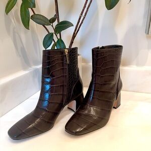 Cole Haan, Gemma Ankle Boots, Sz 8, Dark Brown Croc-Embossed. Worn one time.
